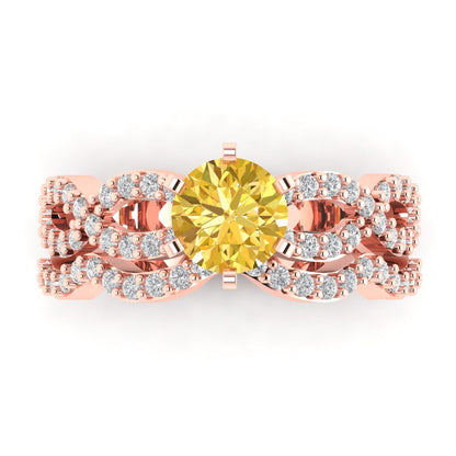 1.57 cttw Round Cut Simulated Yellow Diamond Bridal Set - Solid Rose Gold Engagement Ring & Wedding Band