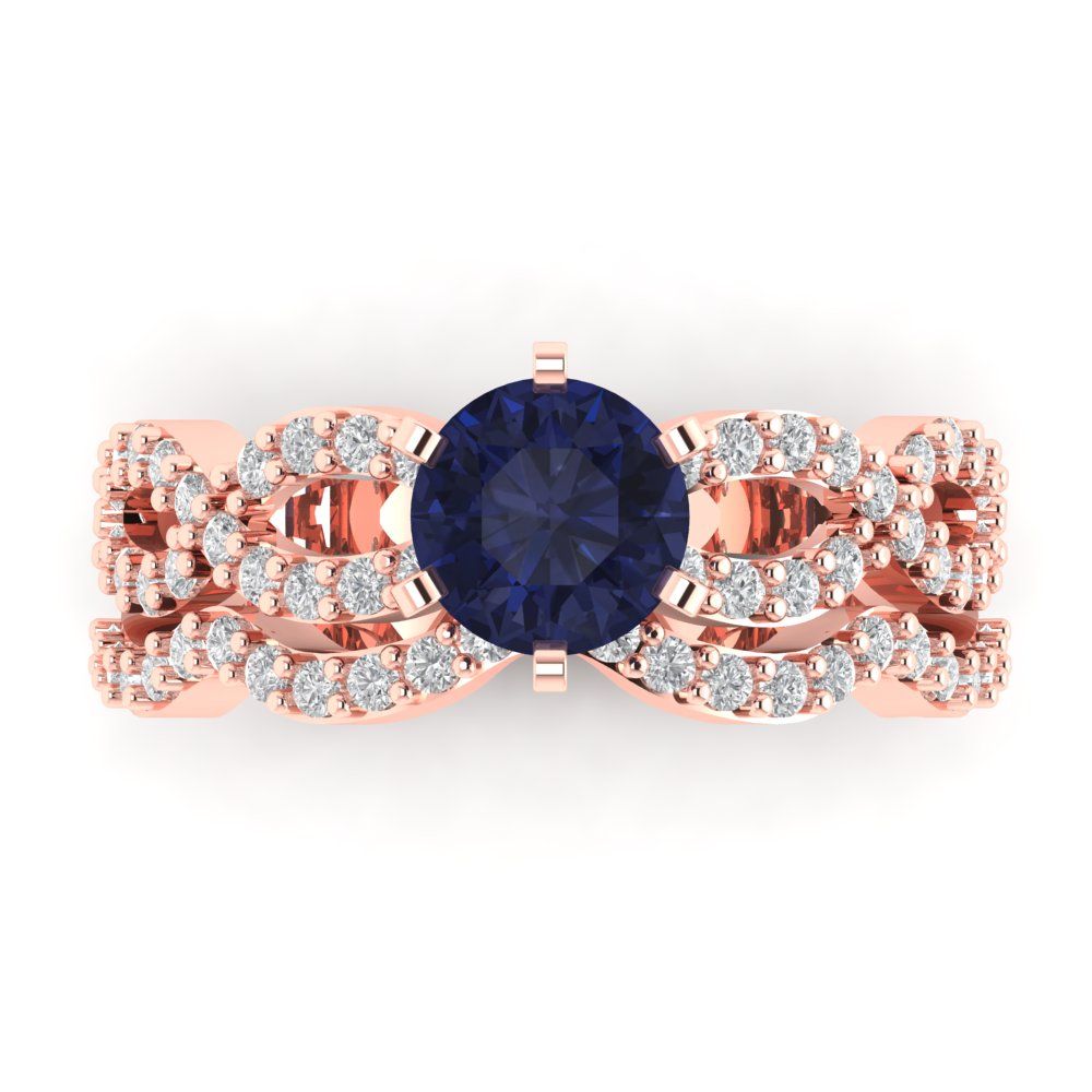 1.57 cttw Round Cut Simulated Blue Sapphire Bridal Set - Solid Rose Gold Engagement Ring & Wedding Band