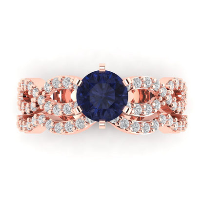1.57 cttw Round Cut Simulated Blue Sapphire Bridal Set - Solid Rose Gold Engagement Ring & Wedding Band