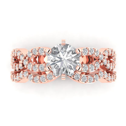1.57 cttw Round Cut White Sapphire Bridal Set - Solid Rose Gold Engagement Ring & Wedding Band