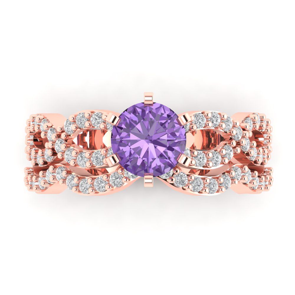 1.57 cttw Round Cut Simulated Alexandrite Bridal Set - Solid Rose Gold Engagement Ring & Wedding Band