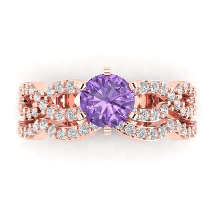 1.57 cttw Round Cut Simulated Alexandrite Bridal Set - Solid Rose Gold Engagement Ring & Wedding Band
