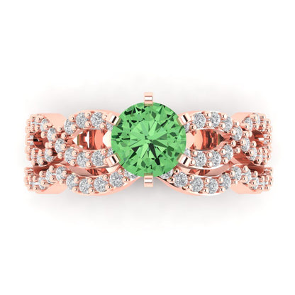 1.57 cttw Round Cut Simulated Green Diamond Bridal Set - Solid Rose Gold Engagement Ring & Wedding Band