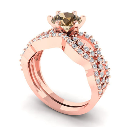 1.57 cttw Round Cut Simulated Champagne Diamond Bridal Set - Solid Rose Gold Engagement Ring & Wedding Band