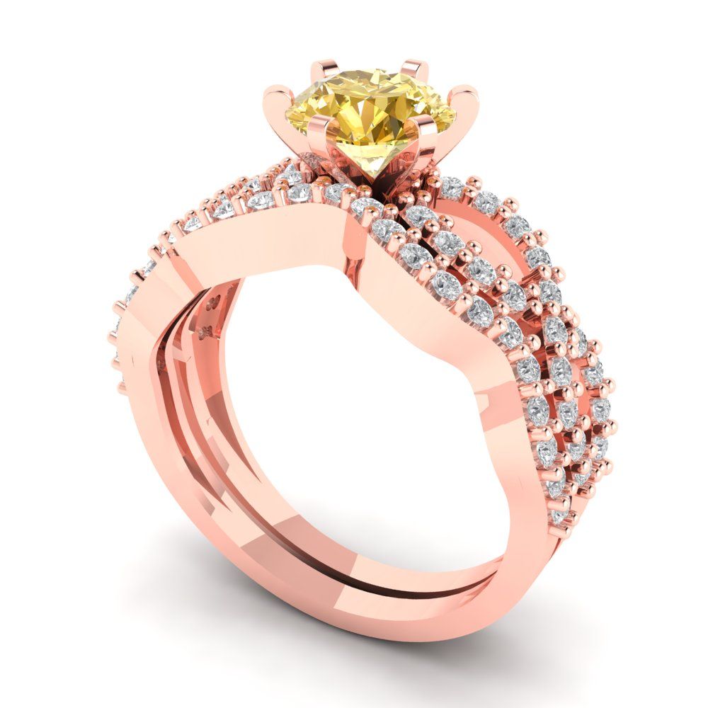 1.57 cttw Round Cut Yellow Moissanite Bridal Set - Solid Rose Gold Engagement Ring & Wedding Band