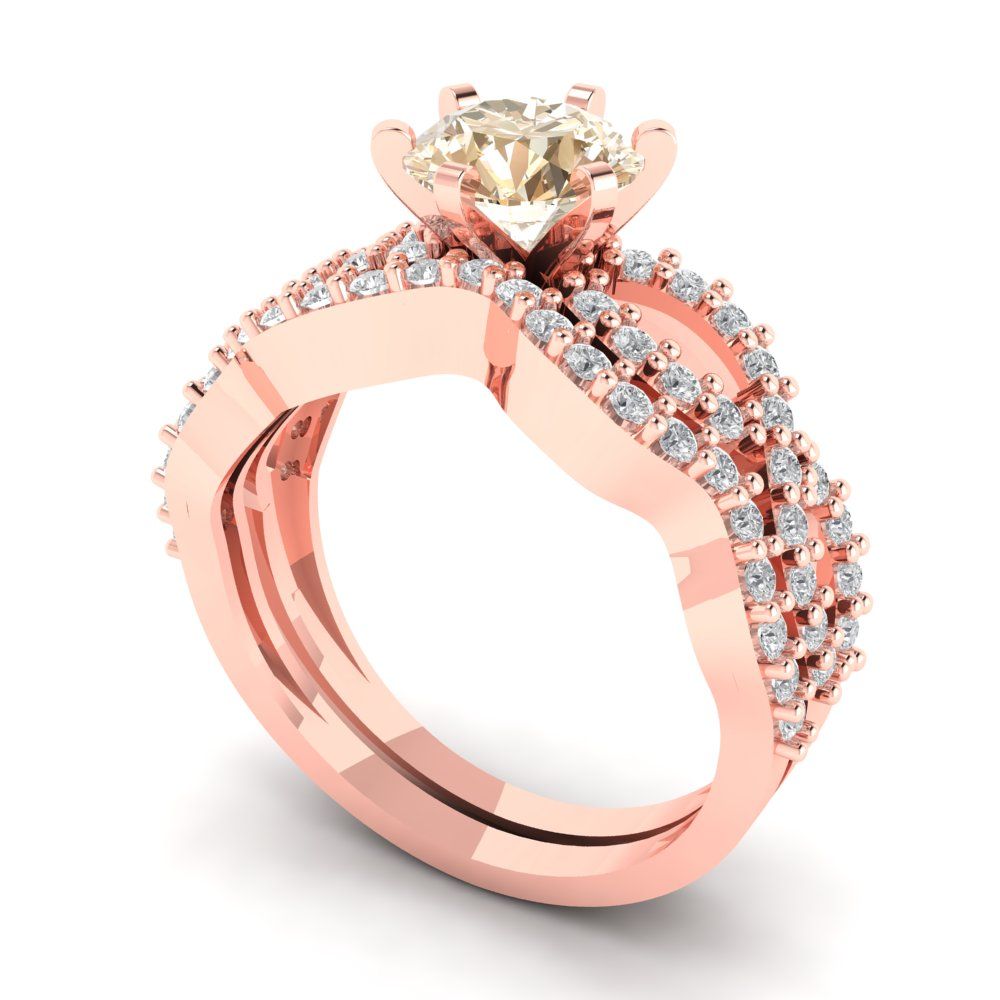 1.57 cttw Round Cut Natural Morganite Bridal Set - Solid Rose Gold Engagement Ring & Wedding Band