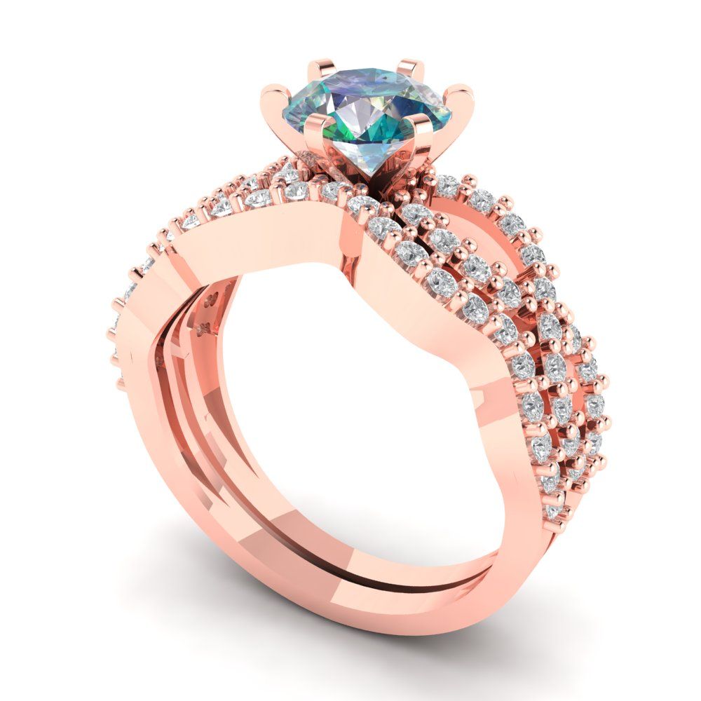 1.57 cttw Round Cut Blue Moissanite Bridal Set - Solid Rose Gold Engagement Ring & Wedding Band