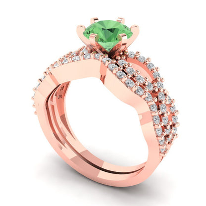 1.57 cttw Round Cut Simulated Green Diamond Bridal Set - Solid Rose Gold Engagement Ring & Wedding Band