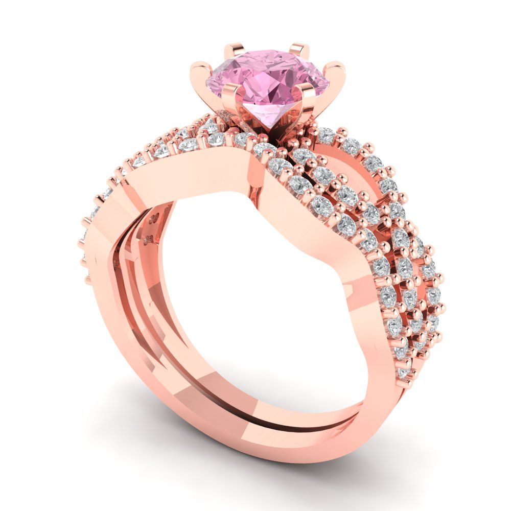 1.57 cttw Round Cut Simulated Pink Diamond Bridal Set - Solid Rose Gold Engagement Ring & Wedding Band