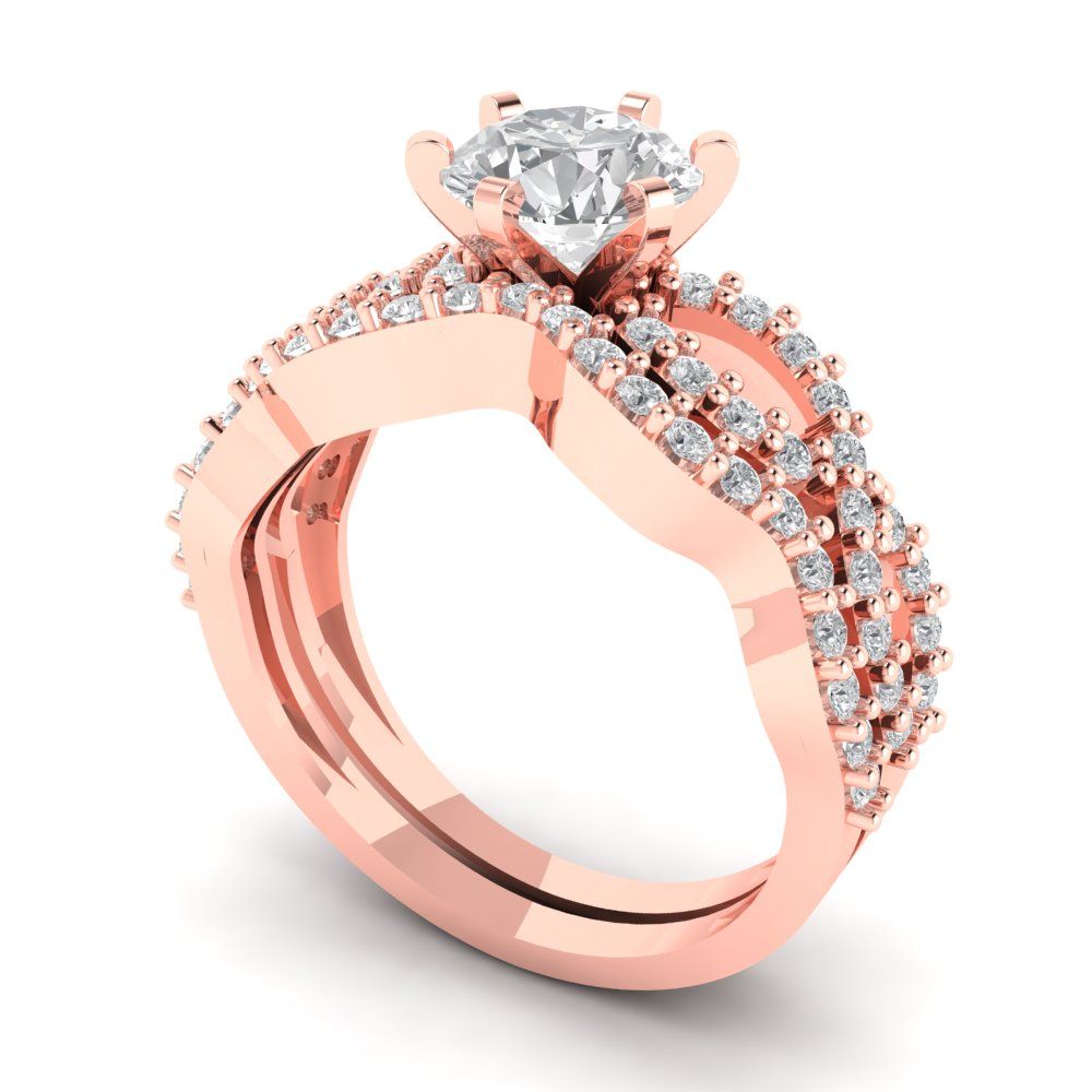 1.57 cttw Round Cut Moissanite Bridal Set - Solid Rose Gold Engagement Ring & Wedding Band