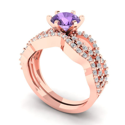 1.57 cttw Round Cut Simulated Alexandrite Bridal Set - Solid Rose Gold Engagement Ring & Wedding Band