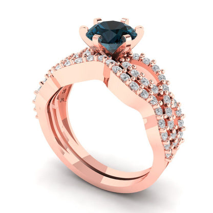 1.57 cttw Round Cut Natural London Blue Topaz Bridal Set - Solid Rose Gold Engagement Ring & Wedding Band
