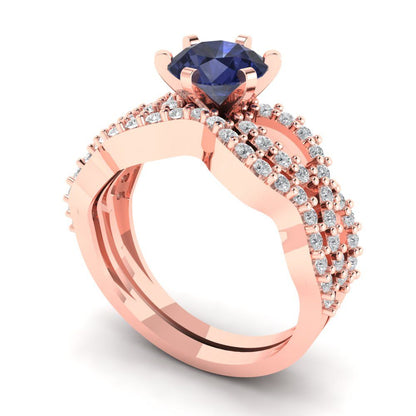 1.57 cttw Round Cut Simulated Blue Sapphire Bridal Set - Solid Rose Gold Engagement Ring & Wedding Band