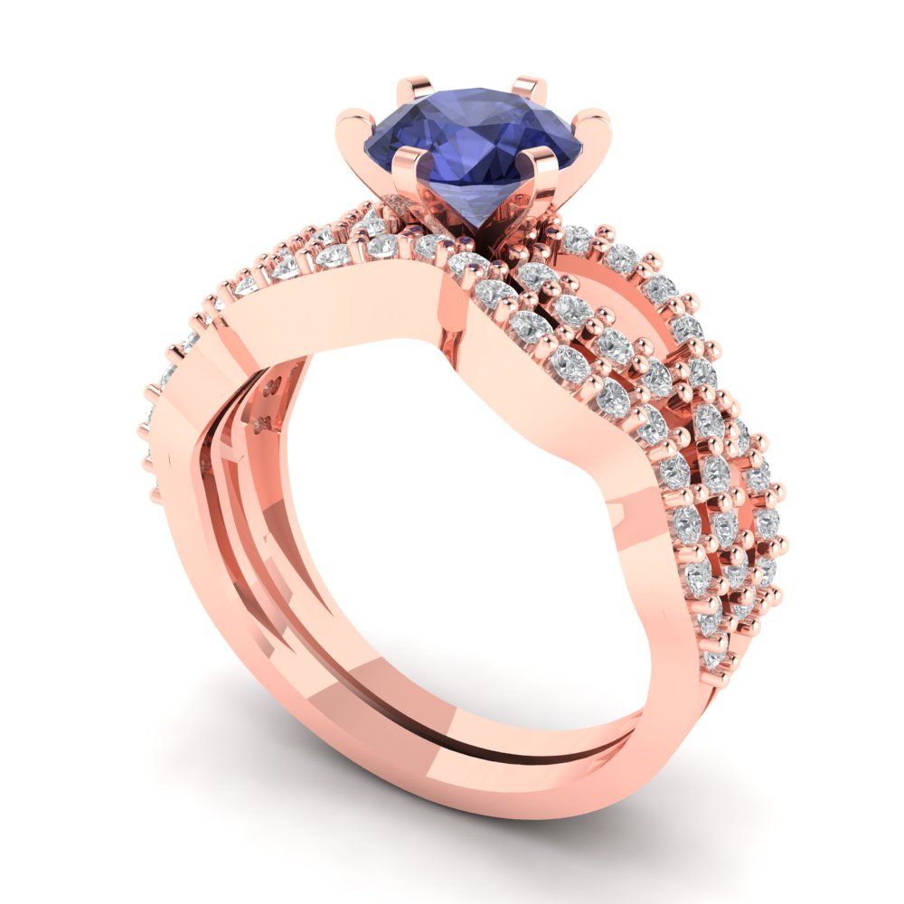 1.57 cttw Round Cut Simulated Tanzanite Bridal Set - Solid Rose Gold Engagement Ring & Wedding Band
