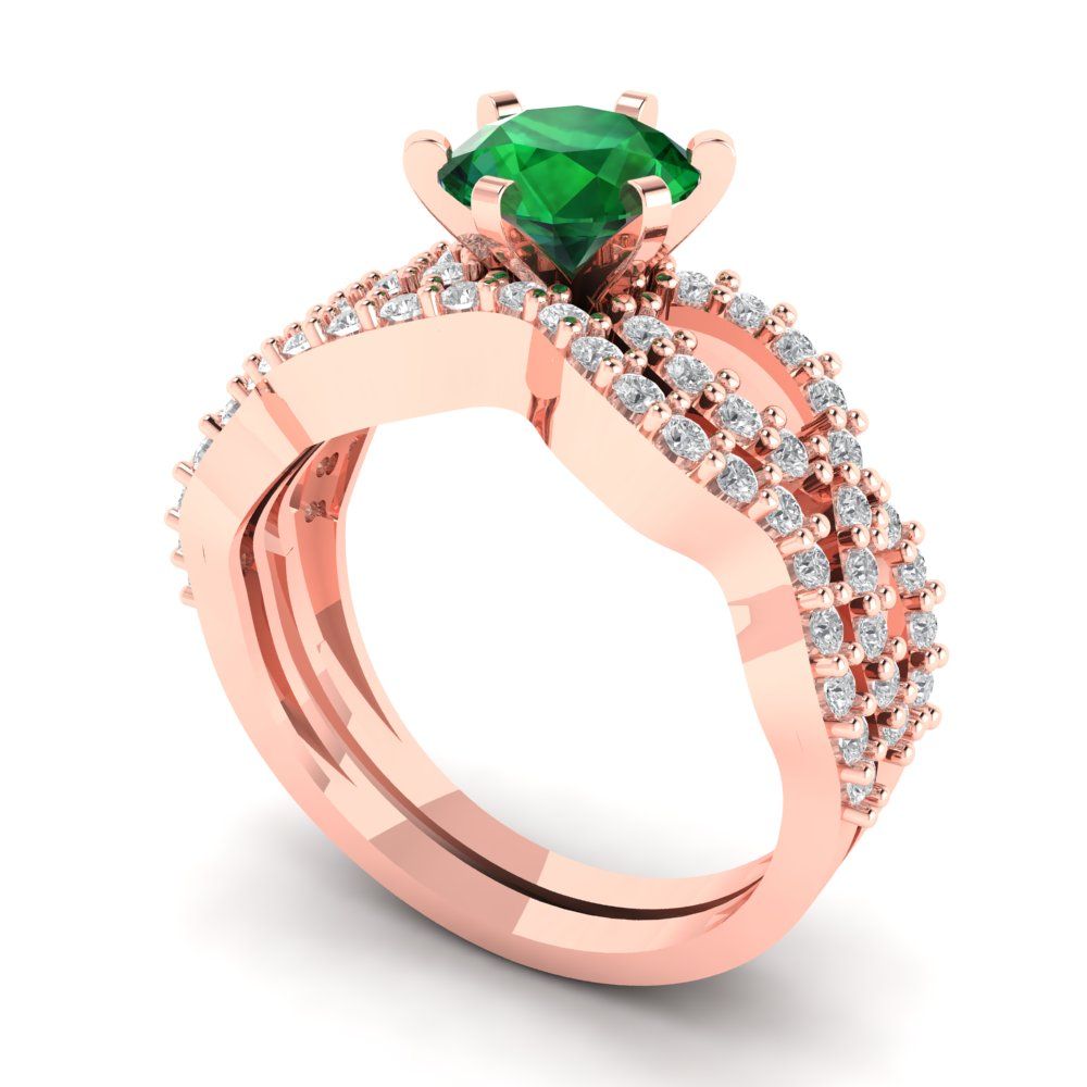 1.57 cttw Round Cut Simulated Emerald Bridal Set - Solid Rose Gold Engagement Ring & Wedding Band