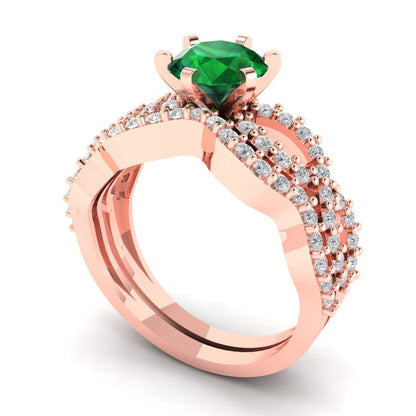 1.57 cttw Round Cut Simulated Emerald Bridal Set - Solid Rose Gold Engagement Ring & Wedding Band