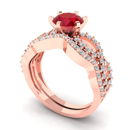 1.57 cttw Round Cut Simulated Ruby Bridal Set - Solid Rose Gold Engagement Ring & Wedding Band