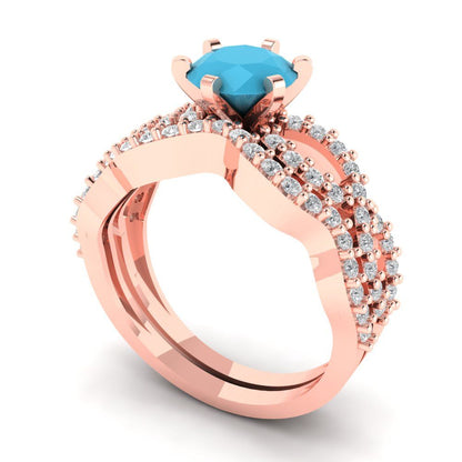 1.57 cttw Round Cut Simulated Turquoise Bridal Set - Solid Rose Gold Engagement Ring & Wedding Band