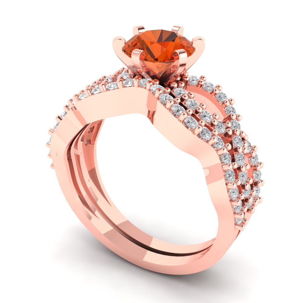 1.57 cttw Round Cut Simulated Red Diamond Bridal Set - Solid Rose Gold Engagement Ring & Wedding Band