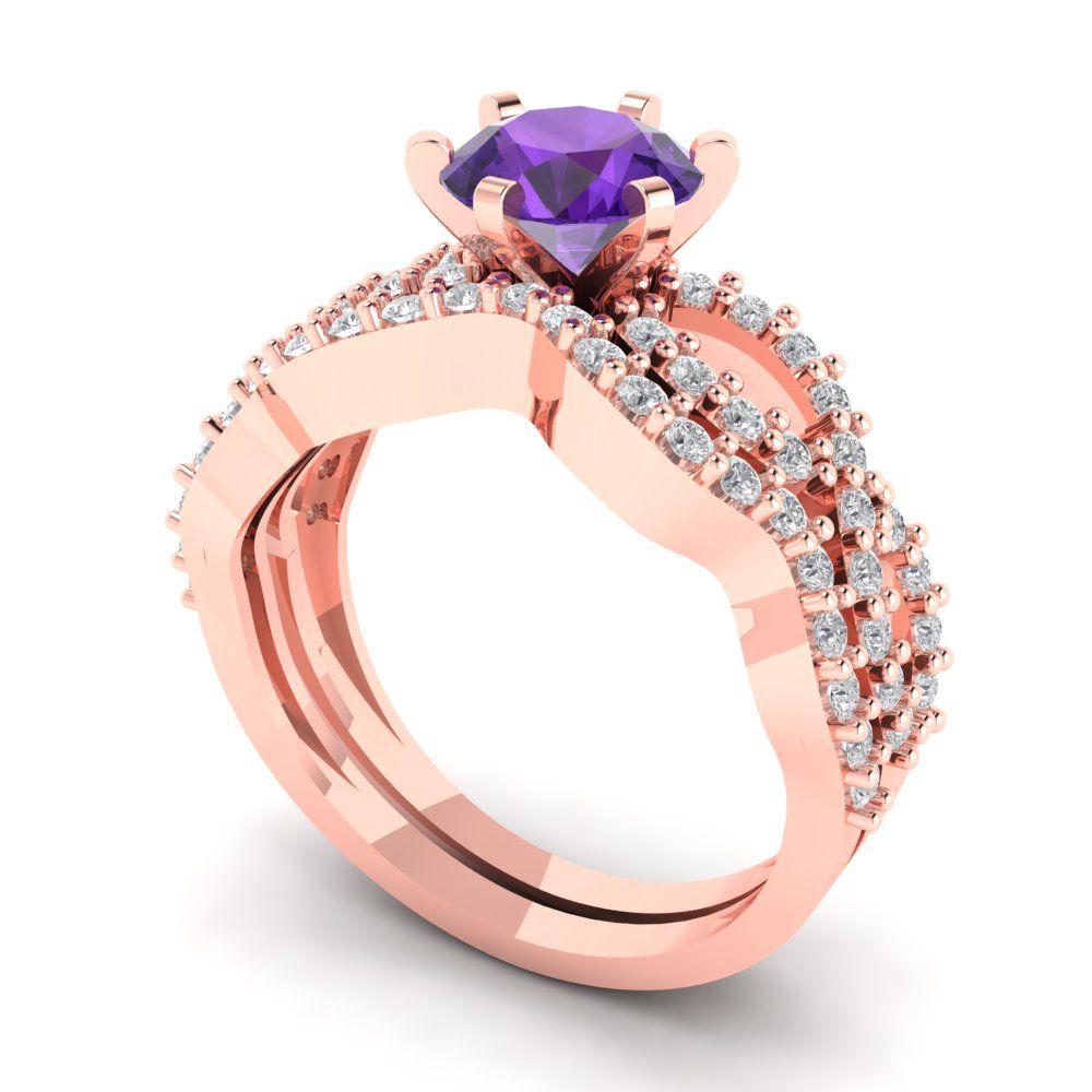 1.57 cttw Round Cut Natural Amethyst Bridal Set - Solid Rose Gold Engagement Ring & Wedding Band