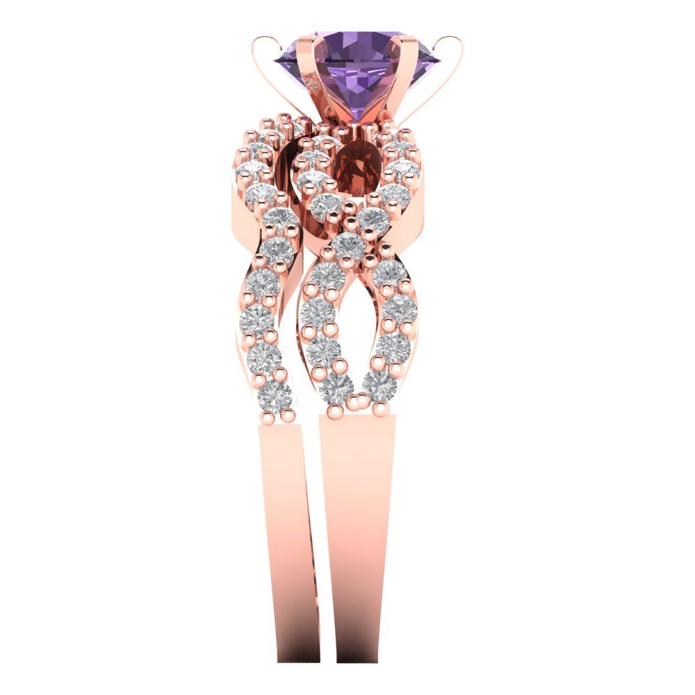 1.57 cttw Round Cut Simulated Alexandrite Bridal Set - Solid Rose Gold Engagement Ring & Wedding Band