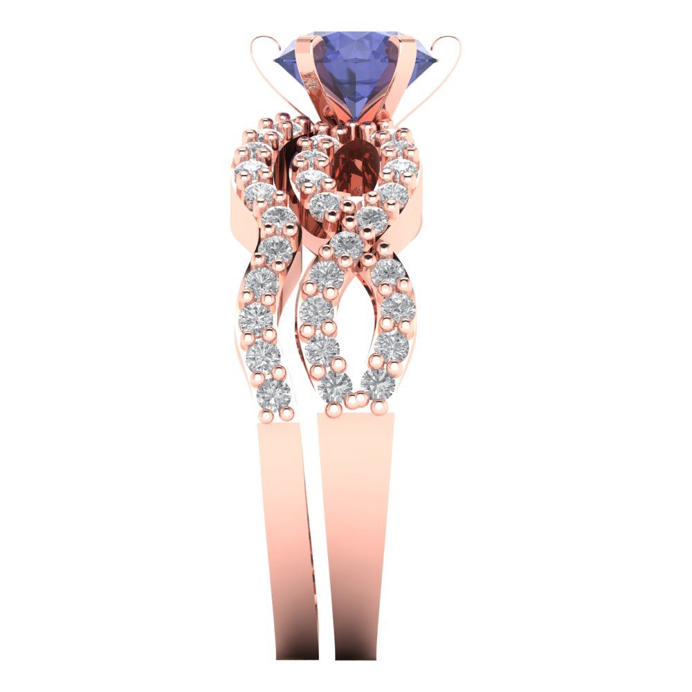1.57 cttw Round Cut Simulated Tanzanite Bridal Set - Solid Rose Gold Engagement Ring & Wedding Band
