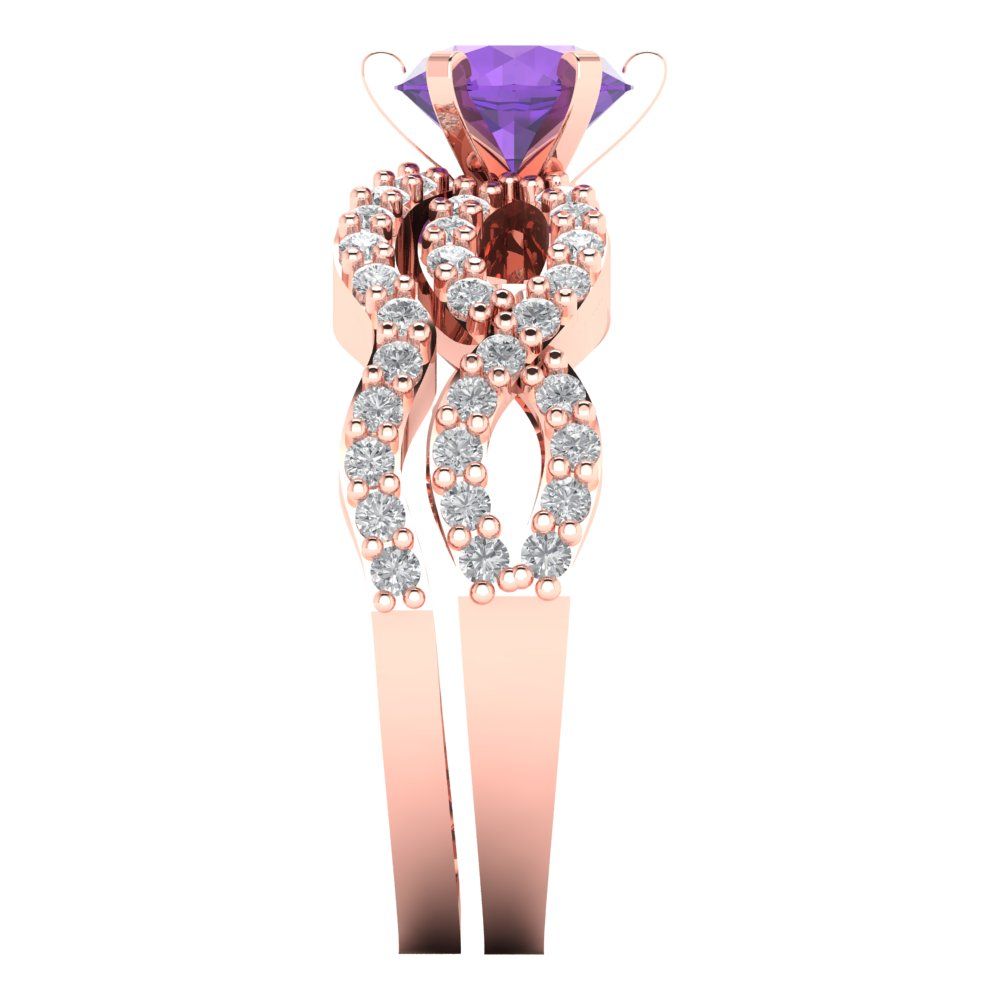 1.57 cttw Round Cut Natural Amethyst Bridal Set - Solid Rose Gold Engagement Ring & Wedding Band