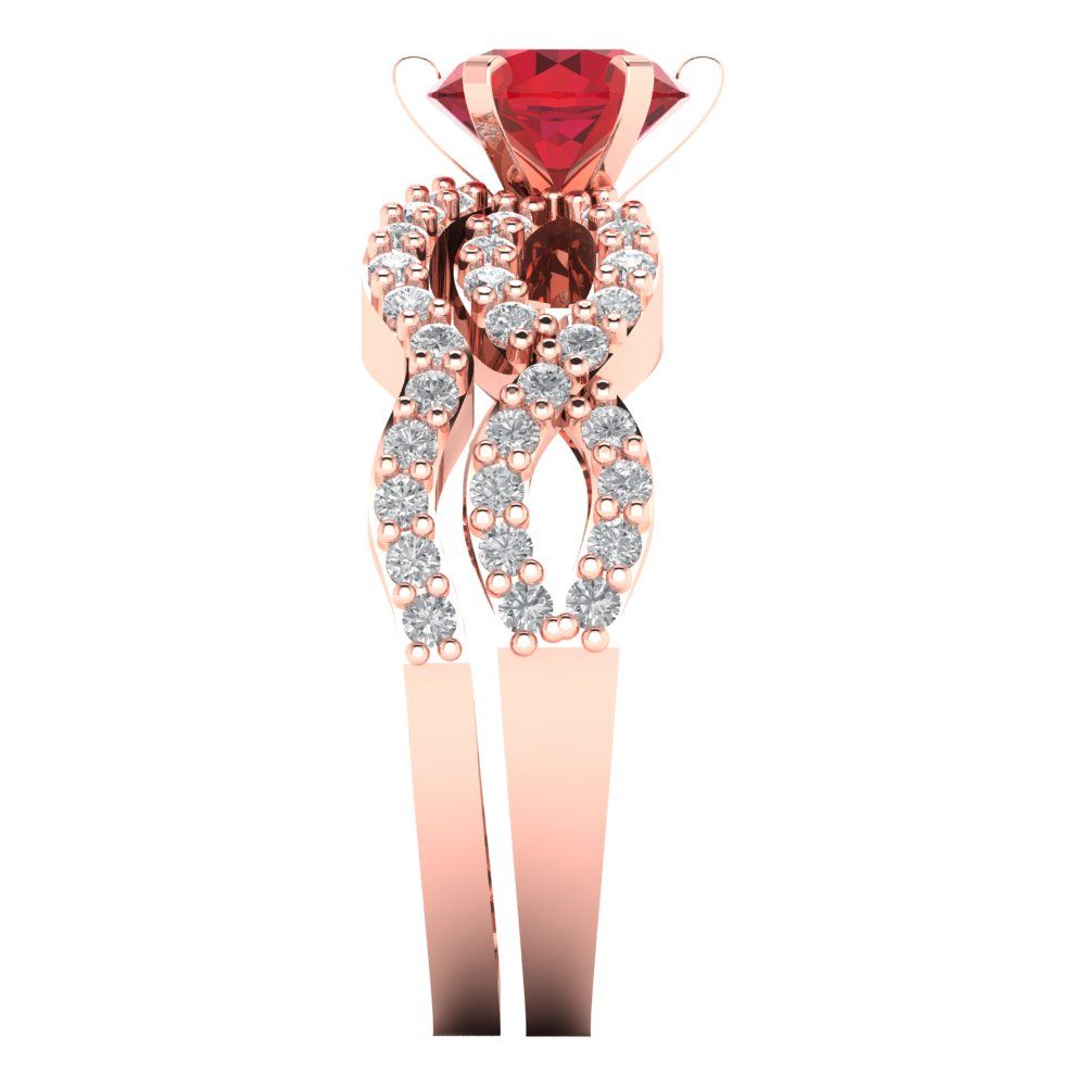 1.57 cttw Round Cut Simulated Ruby Bridal Set - Solid Rose Gold Engagement Ring & Wedding Band