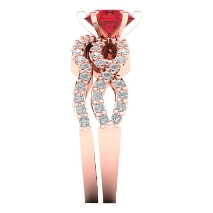 1.57 cttw Round Cut Simulated Ruby Bridal Set - Solid Rose Gold Engagement Ring & Wedding Band