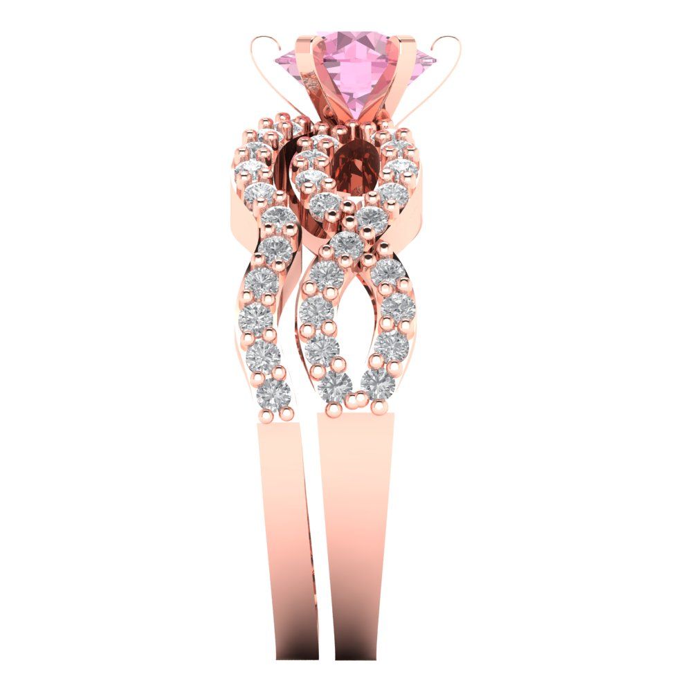 1.57 cttw Round Cut Simulated Pink Diamond Bridal Set - Solid Rose Gold Engagement Ring & Wedding Band