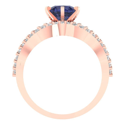 1.57 cttw Round Cut Simulated Blue Sapphire Bridal Set - Solid Rose Gold Engagement Ring & Wedding Band