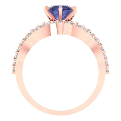 1.57 cttw Round Cut Simulated Tanzanite Bridal Set - Solid Rose Gold Engagement Ring & Wedding Band