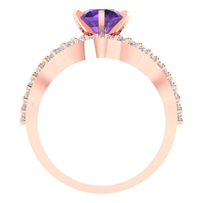 1.57 cttw Round Cut Natural Amethyst Bridal Set - Solid Rose Gold Engagement Ring & Wedding Band