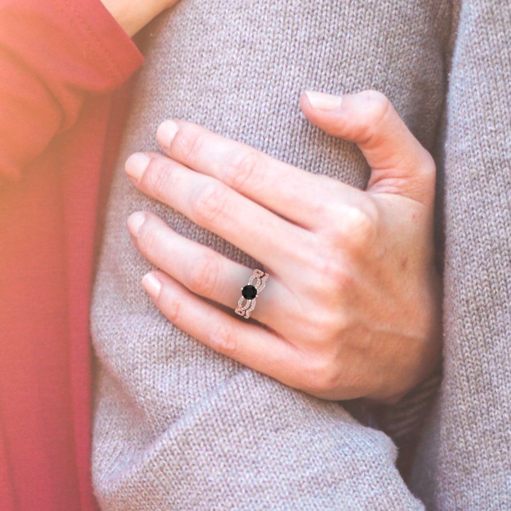 1.57 cttw Round Cut Natural Onyx Bridal Set - Solid Rose Gold Engagement Ring & Wedding Band