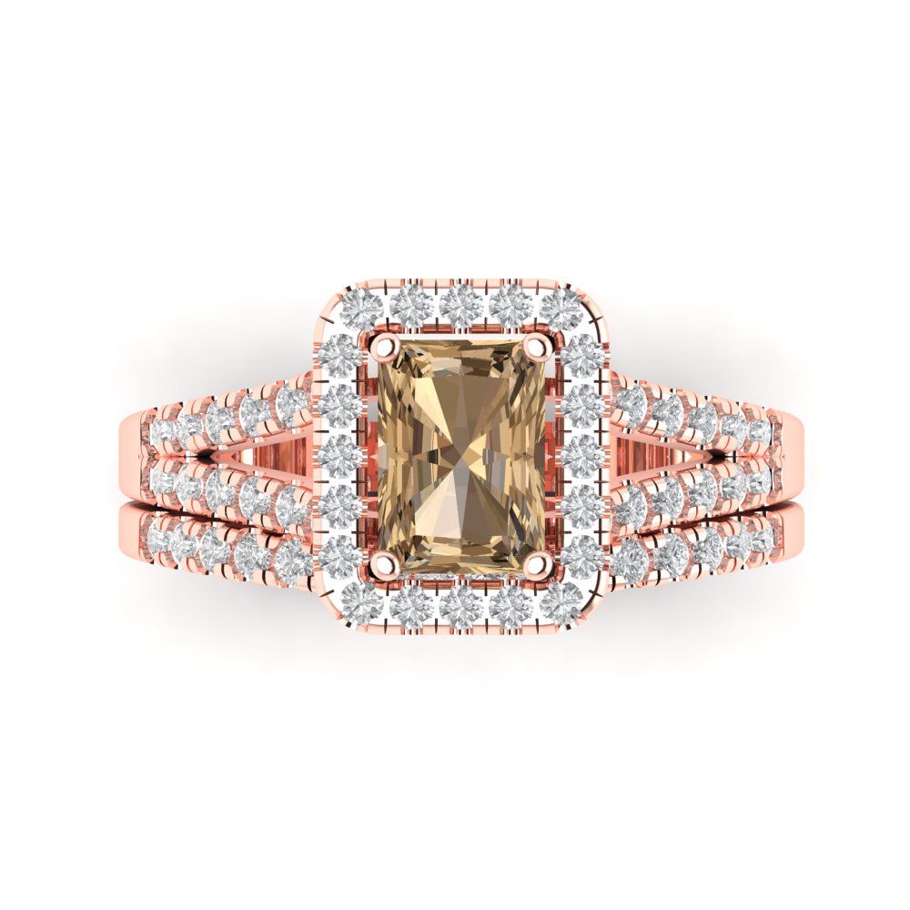 1.72 cttw Emerald Cut Simulated Champagne Diamond Bridal Set - Solid Rose Gold Engagement Ring & Wedding Band