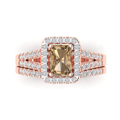 1.72 cttw Emerald Cut Simulated Champagne Diamond Bridal Set - Solid Rose Gold Engagement Ring & Wedding Band