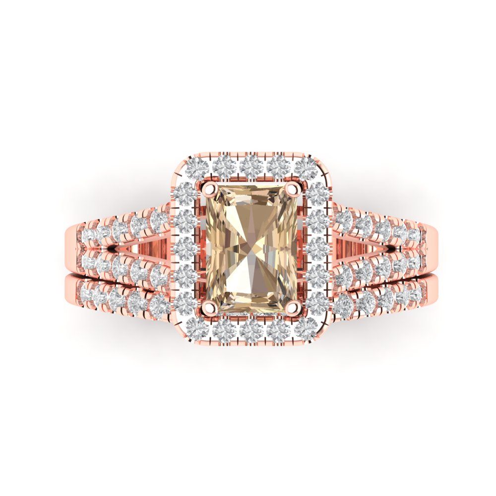 1.72 cttw Emerald Cut Yellow Moissanite Bridal Set - Solid Rose Gold Engagement Ring & Wedding Band
