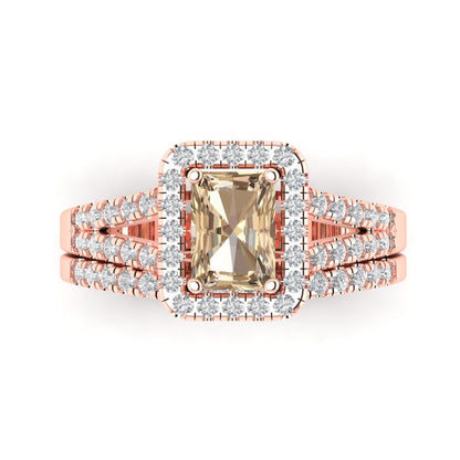 1.72 cttw Emerald Cut Yellow Moissanite Bridal Set - Solid Rose Gold Engagement Ring & Wedding Band