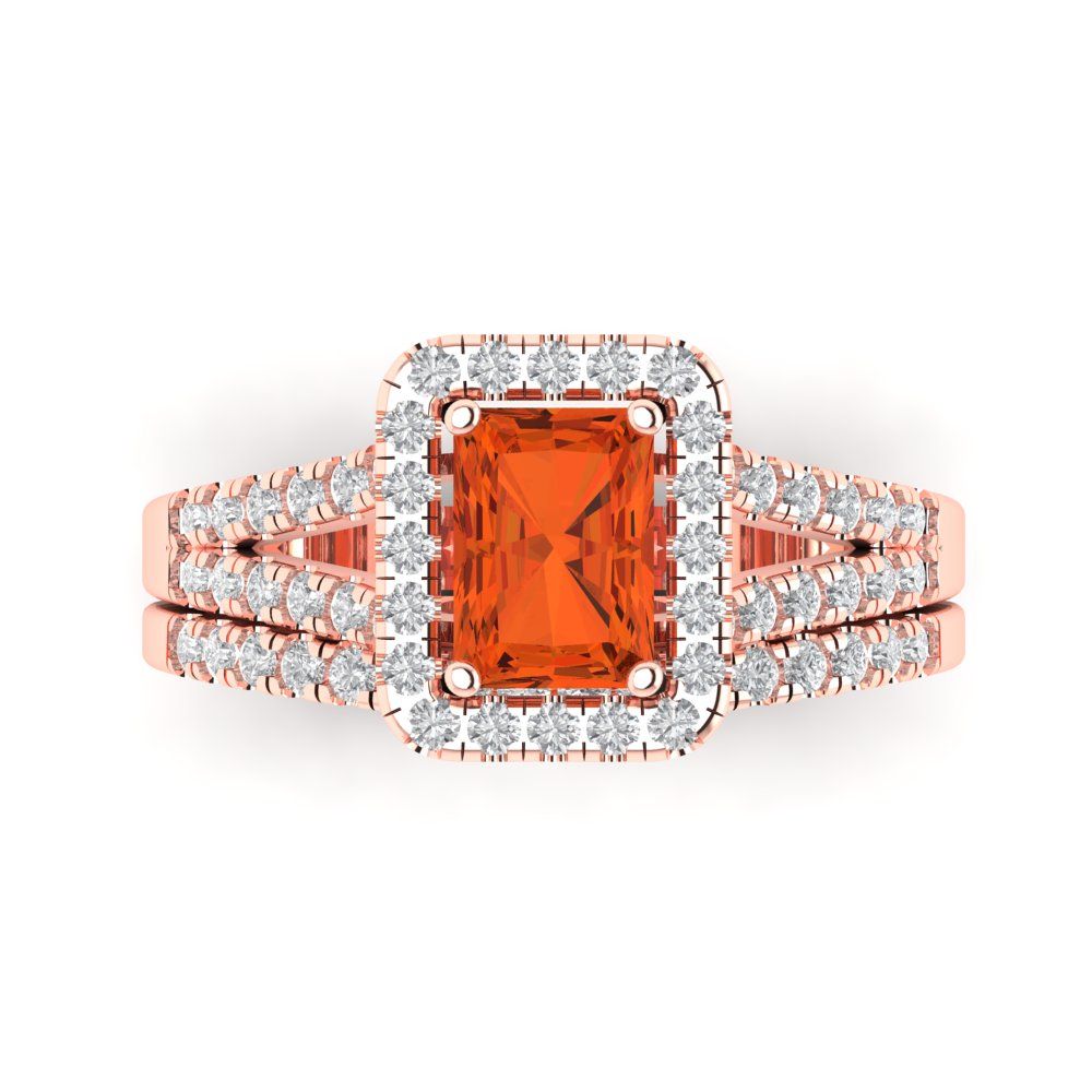 1.72 cttw Emerald Cut Simulated Red Diamond Bridal Set - Solid Rose Gold Engagement Ring & Wedding Band