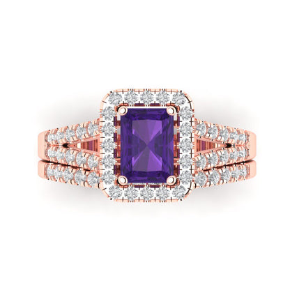 1.72 cttw Emerald Cut Natural Amethyst Bridal Set - Solid Rose Gold Engagement Ring & Wedding Band