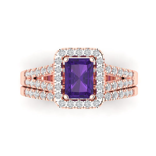 1.72 cttw Emerald Cut Natural Amethyst Bridal Set - Solid Rose Gold Engagement Ring & Wedding Band