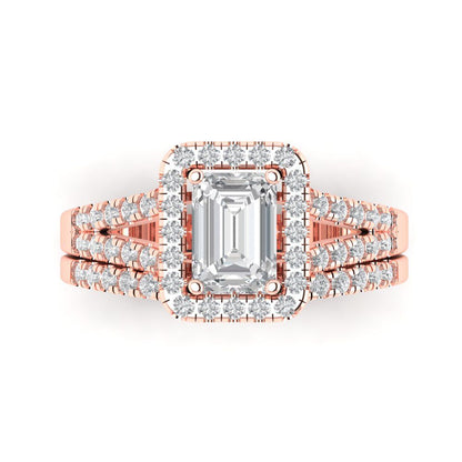 1.72 cttw Emerald Cut Zirconia Simulated Diamond Bridal Set - Solid Rose Gold Engagement Ring & Wedding Band