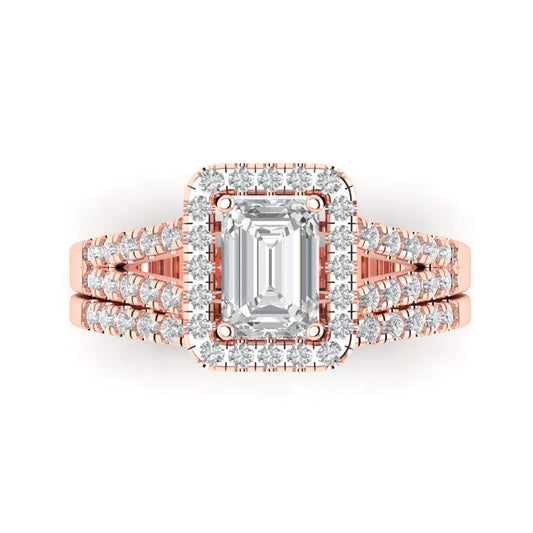 1.72 cttw Emerald Cut Moissanite Bridal Set - Solid Rose Gold Engagement Ring & Wedding Band
