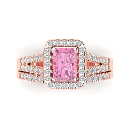 1.72 cttw Emerald Cut Simulated Pink Diamond Bridal Set - Solid Rose Gold Engagement Ring & Wedding Band