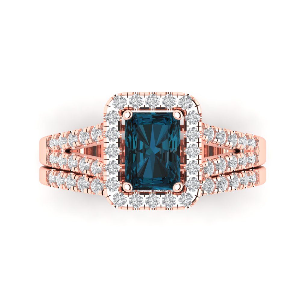 1.72 cttw Emerald Cut Natural London Blue Topaz Bridal Set - Solid Rose Gold Engagement Ring & Wedding Band