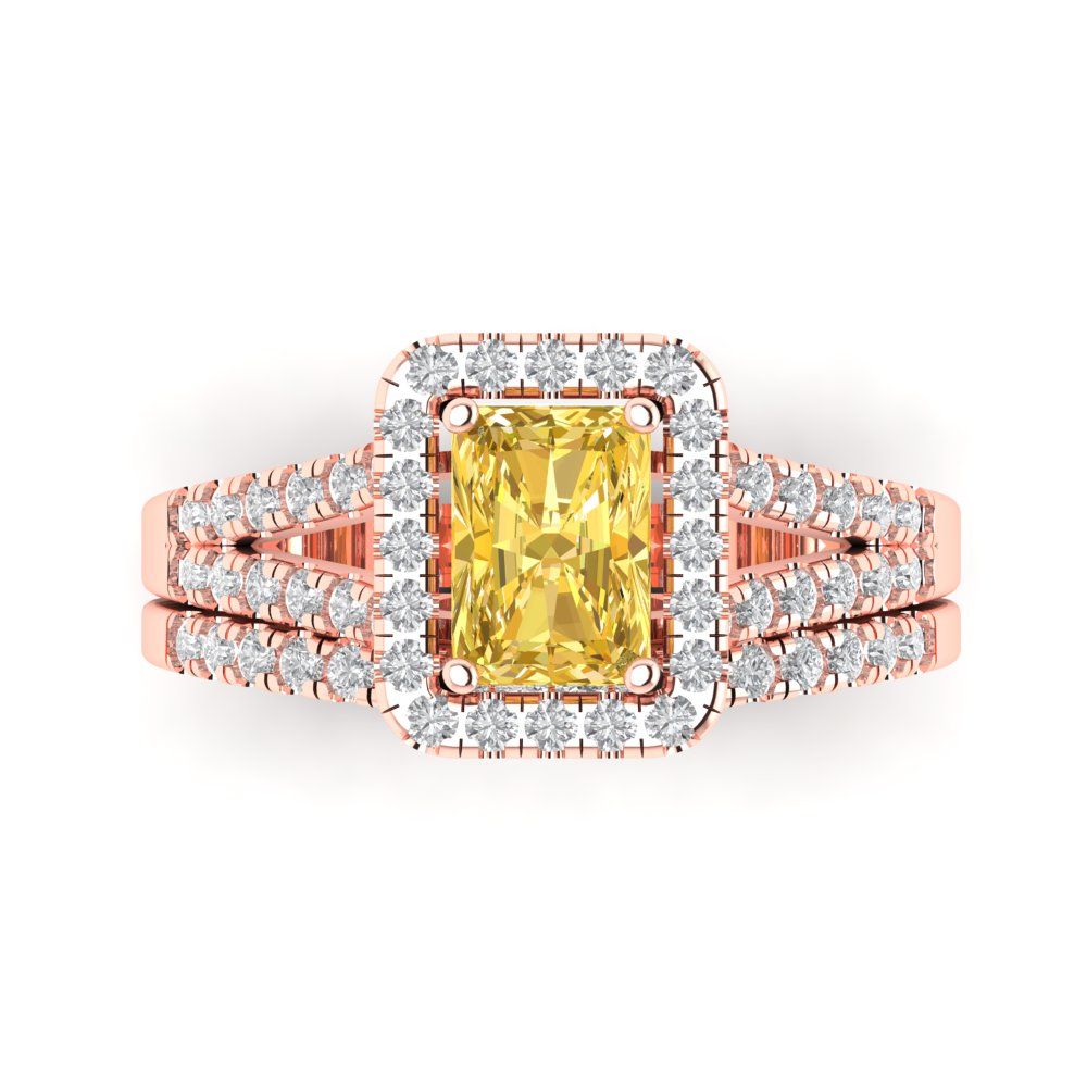 1.72 cttw Emerald Cut Simulated Yellow Diamond Bridal Set - Solid Rose Gold Engagement Ring & Wedding Band