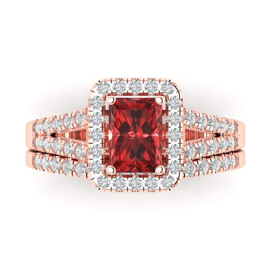 1.72 cttw Emerald Cut Natural Garnet Bridal Set - Solid Rose Gold Engagement Ring & Wedding Band