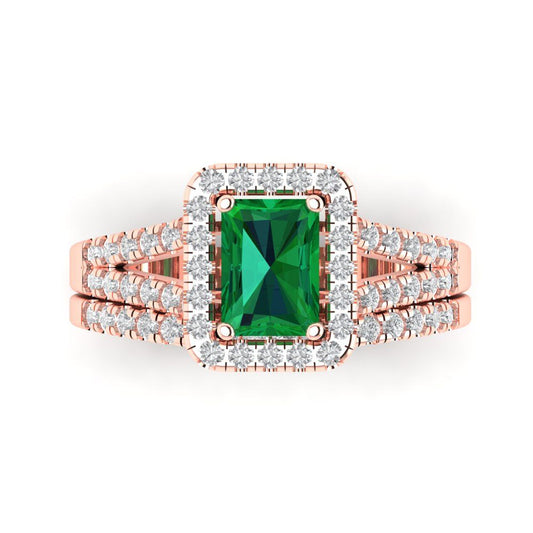 1.72 cttw Emerald Cut Simulated Emerald Bridal Set - Solid Rose Gold Engagement Ring & Wedding Band