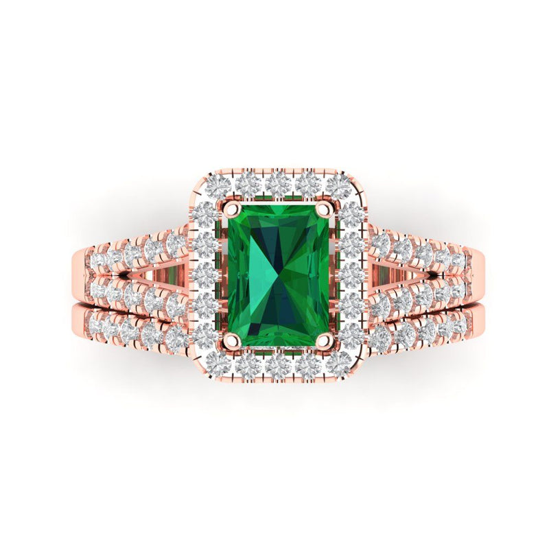 1.57 ct Brilliant Emerald Cut Simulated Emerald Stone Rose Gold Halo Solitaire with Accents Bridal Set