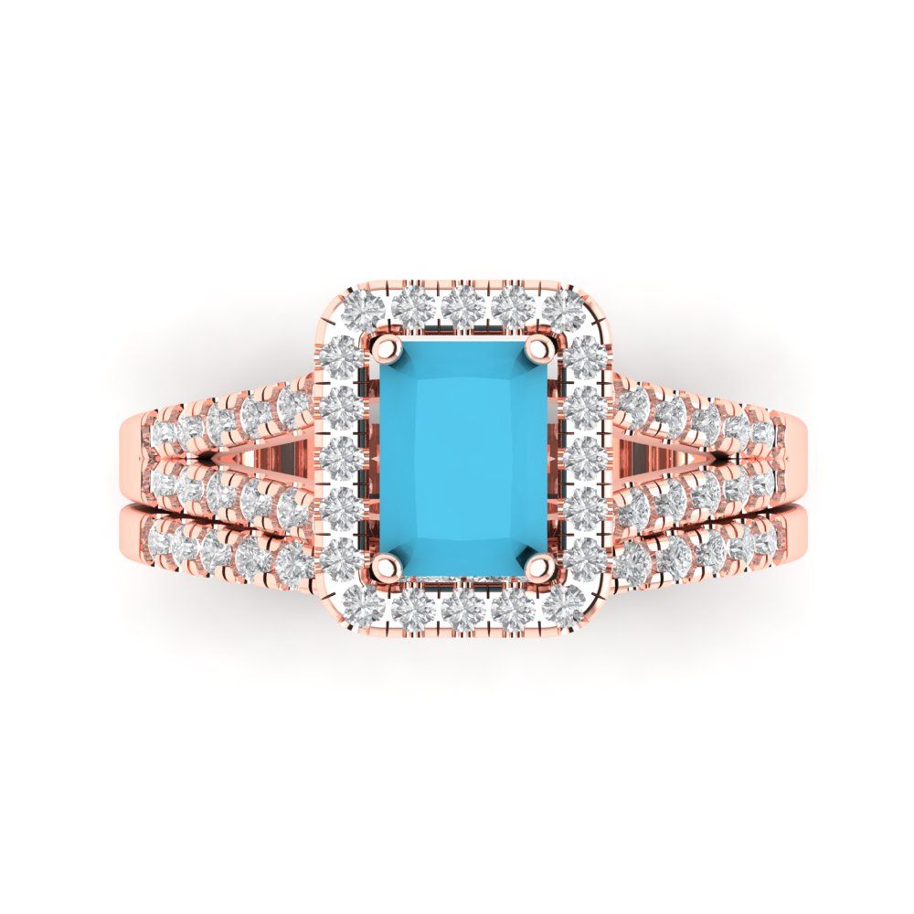 1.72 cttw Emerald Cut Simulated Turquoise Bridal Set - Solid Rose Gold Engagement Ring & Wedding Band